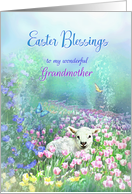 Happy Easter to Grandmother, White Lamb in Field of Tulips card