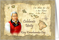 Kamehameha Day Portrait of King with Map of Hawaiian Islands card