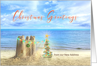 Christmas at the Beach for New Address with Sandcastle and Lights card