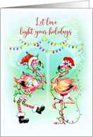 Holiday Flamingos Tangled in Christmas Lights with Heart Palm Tree card
