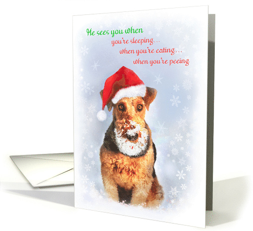 Christmas Humor with Airedale Dog in Snow Beard and Santa Hat card