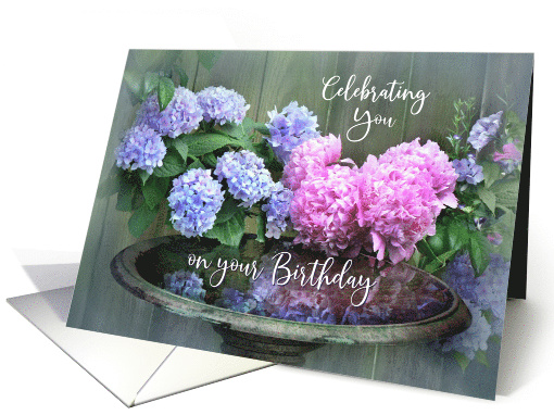 Happy Birthday, Hydrangeas and Peonies with Birdbath card (760685)