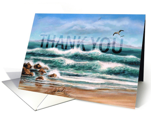 Thank You Seascape with Seagulls Thanks Written in Aqua Waves card