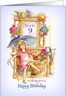 Happy 9th Birthday Dancing Girl with Hats and Antique Hall Tree card