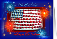 Happy Birthday on 4th of July, Flag Cake and Fireworks card
