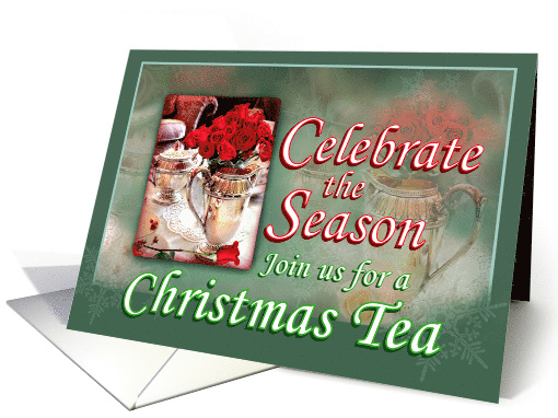 Christmas Tea Invitation Red Roses and Silver Vintage Pitcher card