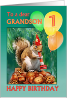 Happy 1st Birthday Grandson Squirrel and Balloons One Year Old card