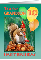 Happy 10th Birthday Grandson Squirrel and Balloons Ten Years Old card