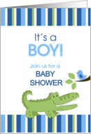 Alligator and Blue Bird Striped Boy Baby Shower Card