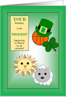 YOUR Birthday is the Biggest Happening in March! - Lion, Lamb, Four Leaf Clover & Basketball Leprechaun card
