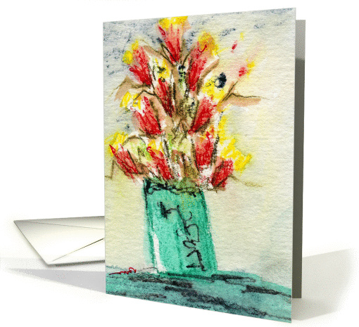 Red and Yellow Flowers In A Green Vase - Blank Note card (992179)