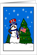 American Saluting Snowman with Flag and Christmas Trees card