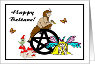 Happy Beltane Pentacle, Pan, Faeries and Butterflies card