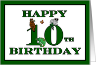 Happy 10th Birthday Raccoon, Chameleon, Owl and Butterfly card