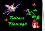 Beltane Blessings Faerie on a Dragonfly with mushroom and Butterflies card
