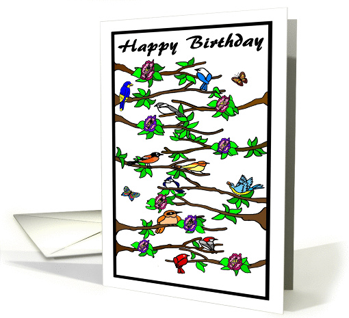 Happy Birthday Song Birds in Tree with Flowers and Butterflies card