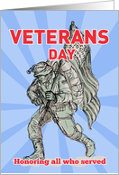 Veterans Day card featuring American soldier serviceman carrying flag card