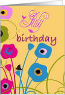 July birthday, red & black butterfly & flowers, summery warm yellow, card