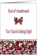 End of medical treatment congratulations, colorful butterfly, flowers, card