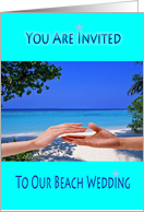 Beach wedding invitation, white sand, blue sky, hands reaching, card