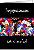 Art exhibition personal invitation, multi abstract florals on black, card