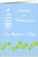 Estranged on Mother’s Day, blue & white with daisies & bird with cage, card