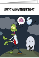 Halloween birthday humor, ugly green zombie in cemetery, brains, bat, card