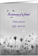 In memory of friend, meadow flowers, birds, black and white, verse, card