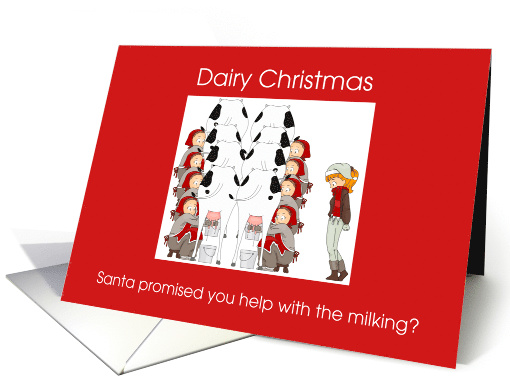 Dairy Christmas farmer greeting, elves milking, card (1218524)