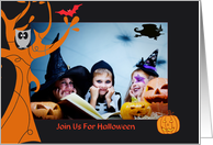 Halloween party, spooky invite, photo card, witch,owl, bat, join us, card