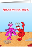 Gay couple announcement, pink & red lobsters on the beach, card