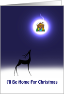 Christmas homecoming, reindeer gazing at house on moon, card