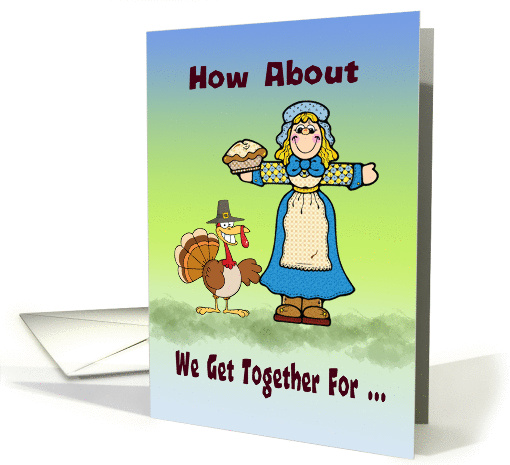 Thanksgiving dinner invite, pilgrim theme, comical turkey, card