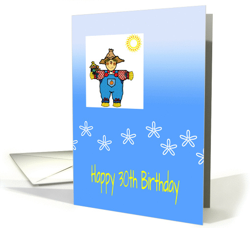 30th birthday scarecrow, blue sky, sunshine, dungarees, card (970759)