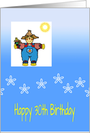 30th birthday scarecrow, blue sky, sunshine, dungarees, card