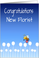 New Florist congratulations, Cute bee, daisies, blue sky, card