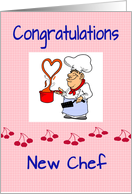 New Chef Congratulations, gingham, cherries, pan, braise be, humor, card