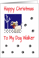 Happy Christmas to my dog walker, dog, paw prints, red, white, blue card