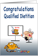 Newly qualified dietitian congratulations, fat cat humor, junk food, card