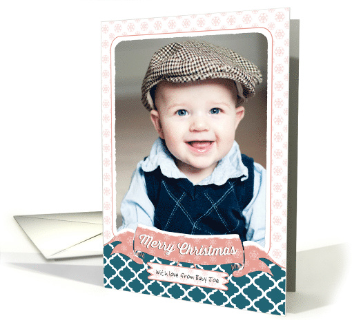 Christmas Photo Card - Dusty Pink Banner and Teal Pattern card
