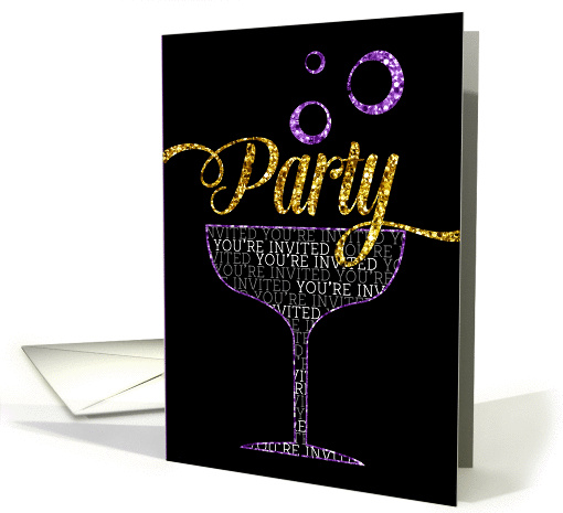 Party Invitation - Champagne Glass and Bubbles - Sparkle Effect card