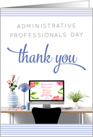 Administrative Professionals Day - Office Desk and Thank You - Blue card