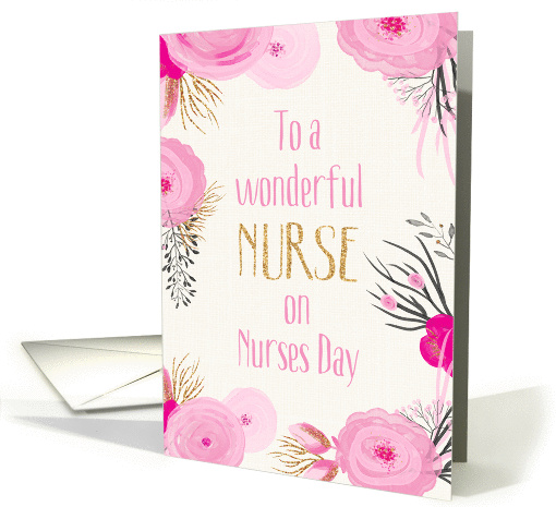 Nurses Day Card - Pretty Pink Flowers and Gold Sparkle card (1374058)