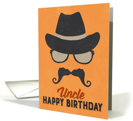 Uncle Birthday Card - Hipster Style Hat Glasses Mustache - Orange card