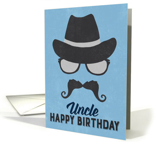 Uncle Birthday Card - Hipster Style Hat Glasses Mustache - Blue card