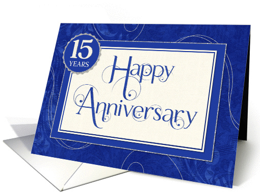 Employee Anniversary 15 Years - Text Swirls and Damask - Blue card