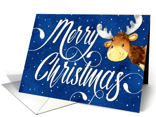 Christmas Card - Swirly Merry Christmas Text and Cute Reindeer card
