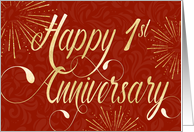 Employee Anniversary 1 Year - Swirly Text and Star Bursts - Red Gold Effect card
