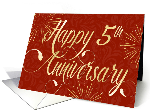 Employee Anniversary 5 Years - Swirly Text and Star Bursts - Red card