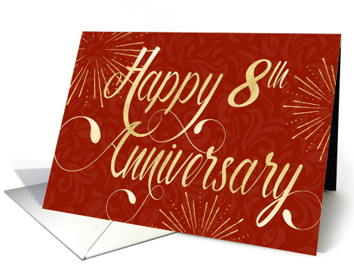 Employee Anniversary 8 Years - Swirly Text and Star Bursts - Red card